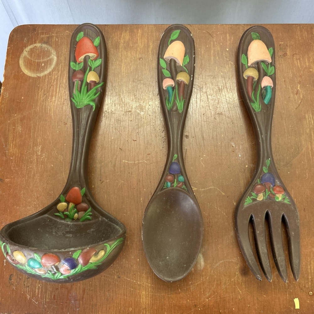 VTG '80 Arnels Ceramic Mushroom Large Fork Spoon Ladle Wall Hanging Set Of 3 MCM